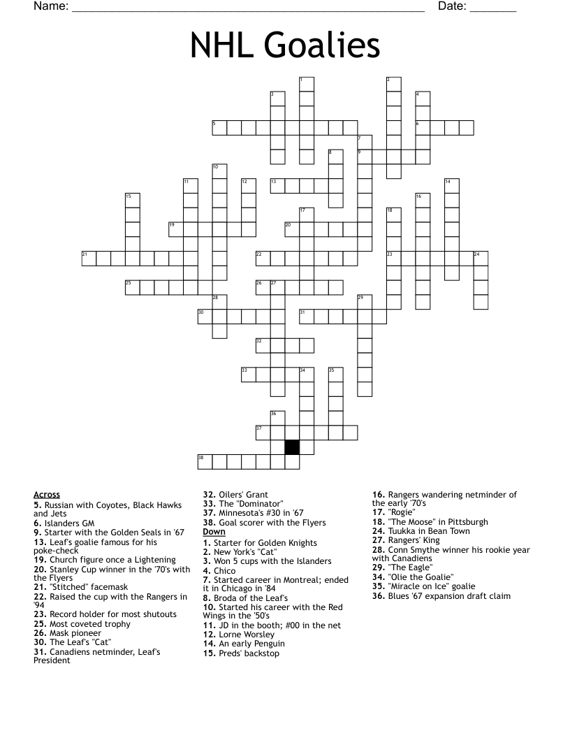 NHL Goalies Crossword