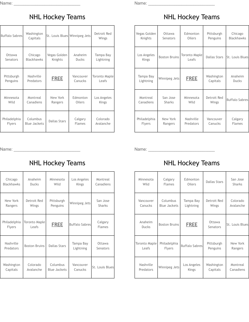 NHL Hockey Teams Bingo Cards