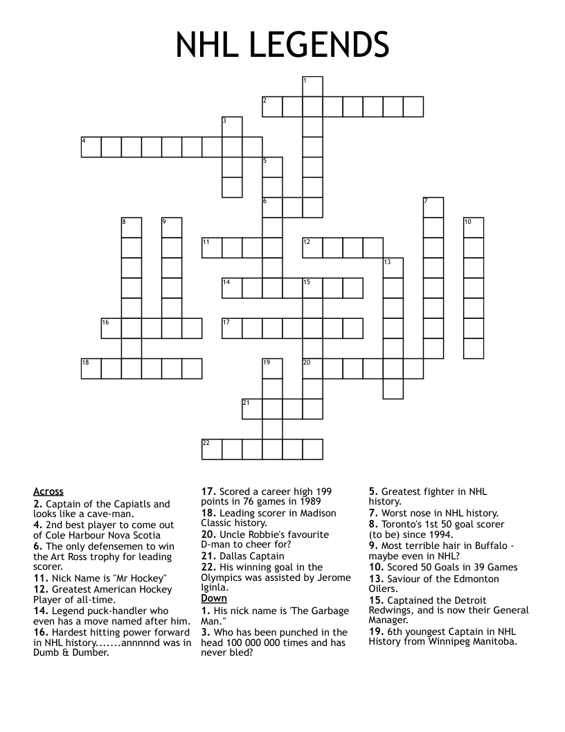 NHL LEGENDS Crossword