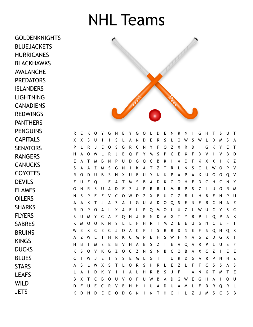 NHL Teams Word Search