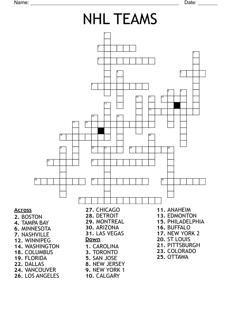 NHL TEAMS Crossword
