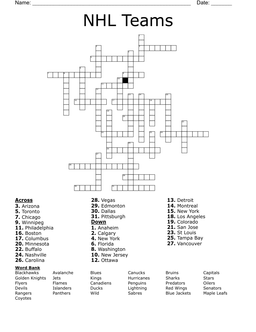 NHL Teams Crossword
