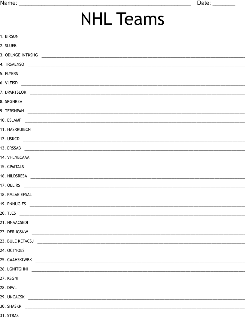 NHL Teams Word Scramble