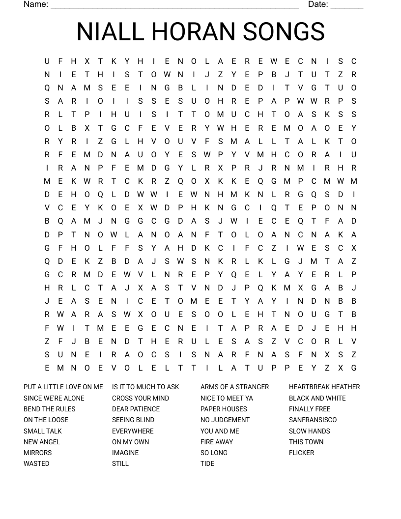 NIALL HORAN SONGS  Word Search