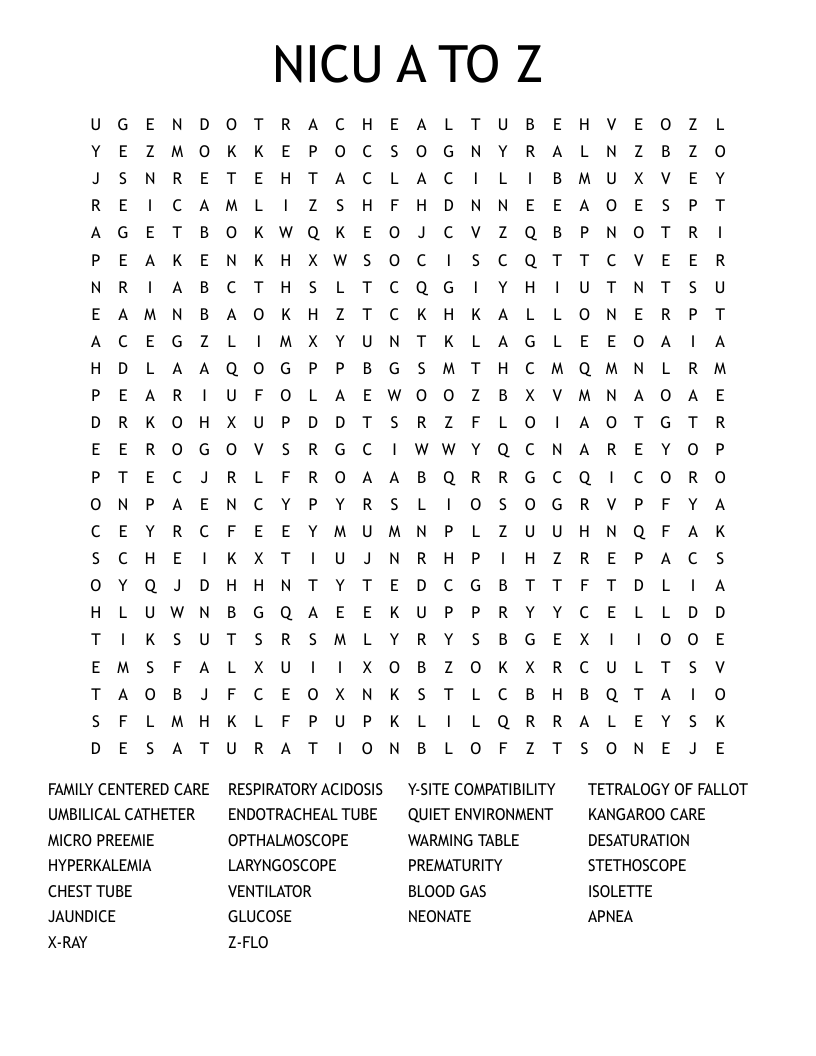 NICU A TO Z Word Search