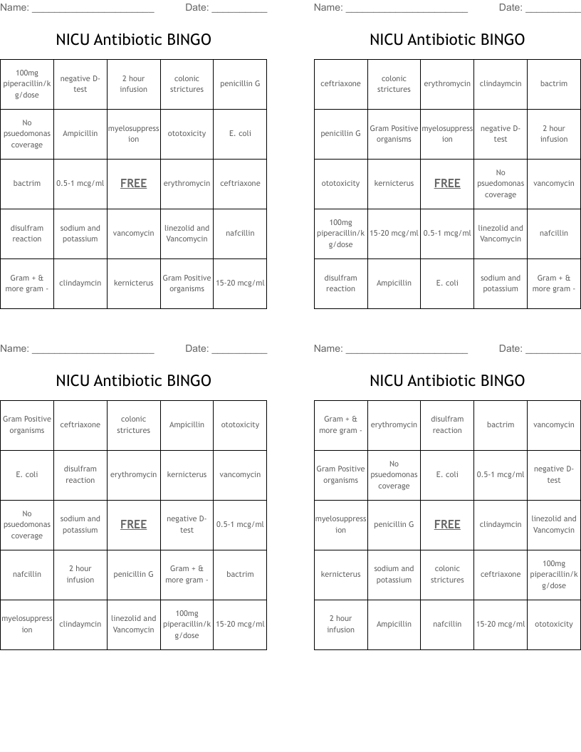 NICU Antibiotic BINGO