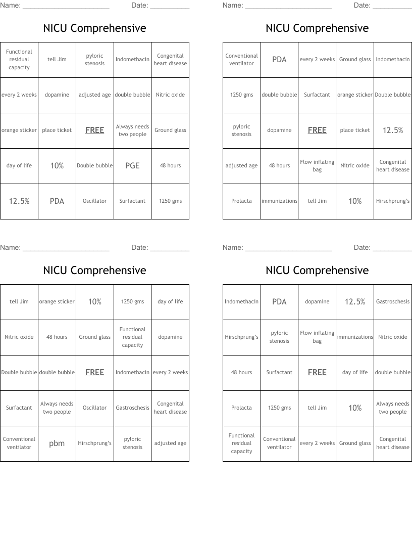 NICU Comprehensive Bingo Cards