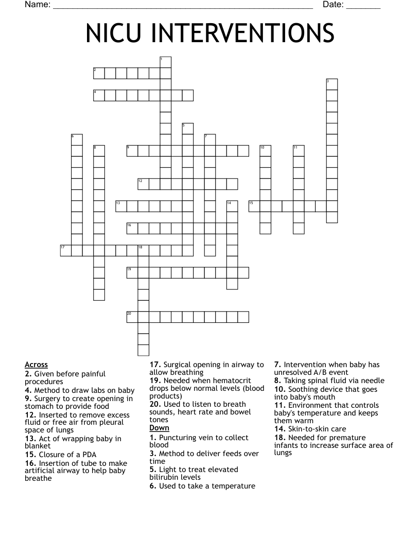 NICU INTERVENTIONS Crossword