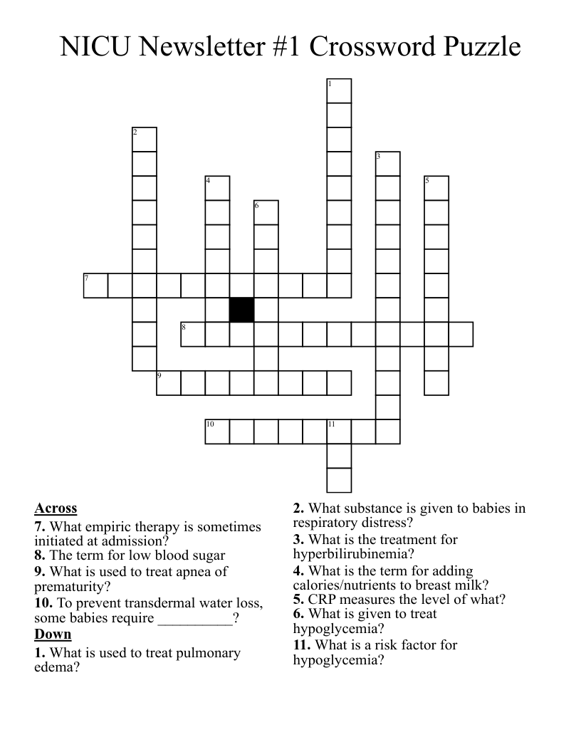 NICU Newsletter #1 Crossword Puzzle