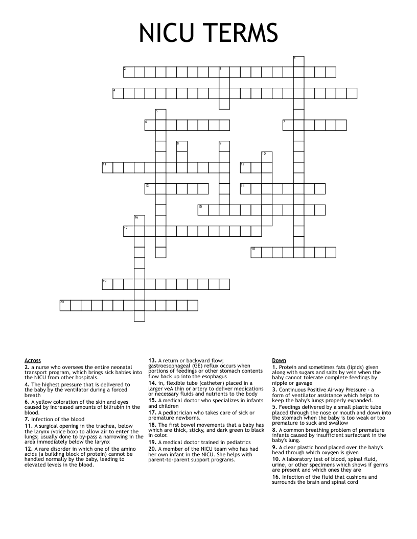 NICU TERMS  Crossword