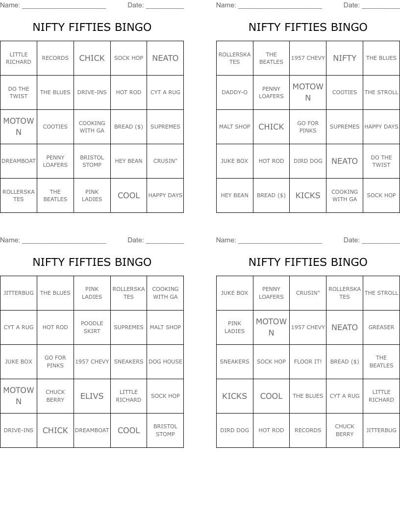 NIFTY FIFTIES BINGO