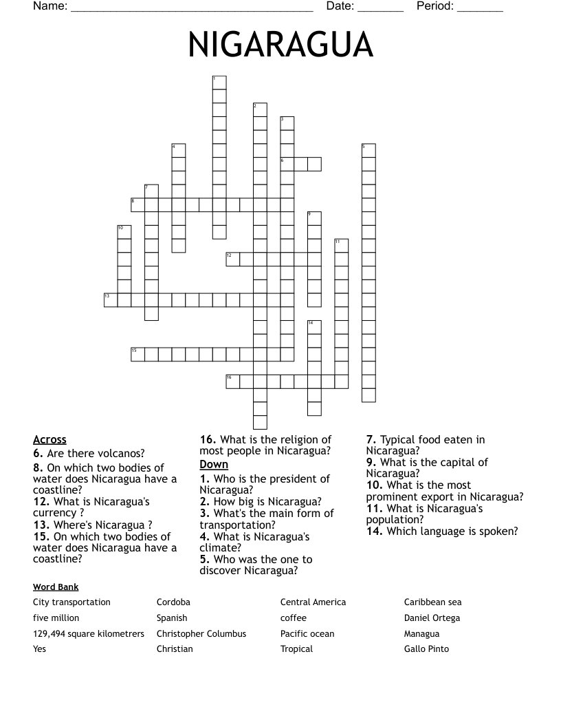 NIGARAGUA Crossword