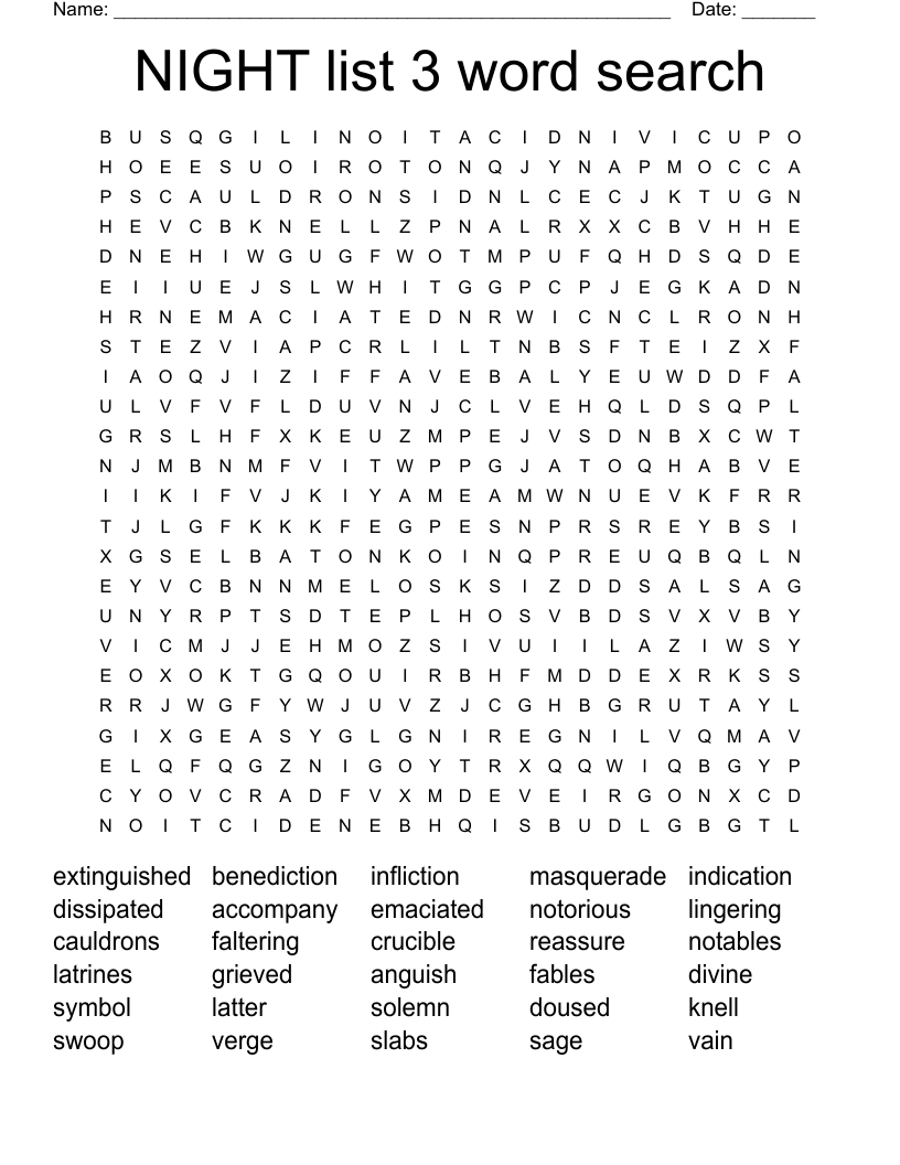 NIGHT list 3 word search 