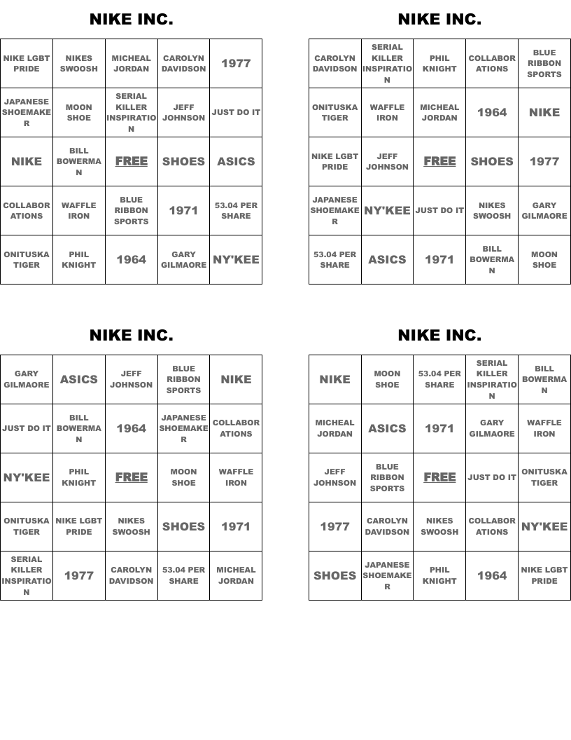 NIKE INC. Bingo Cards
