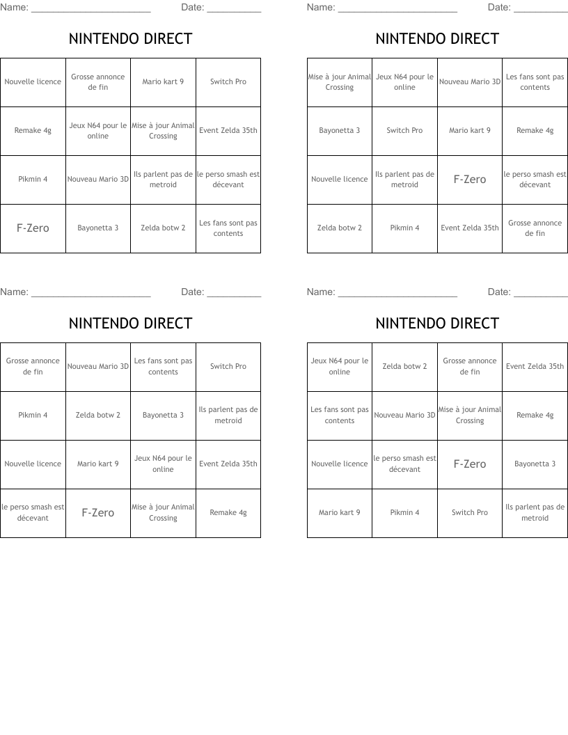 NINTENDO DIRECT Bingo Cards