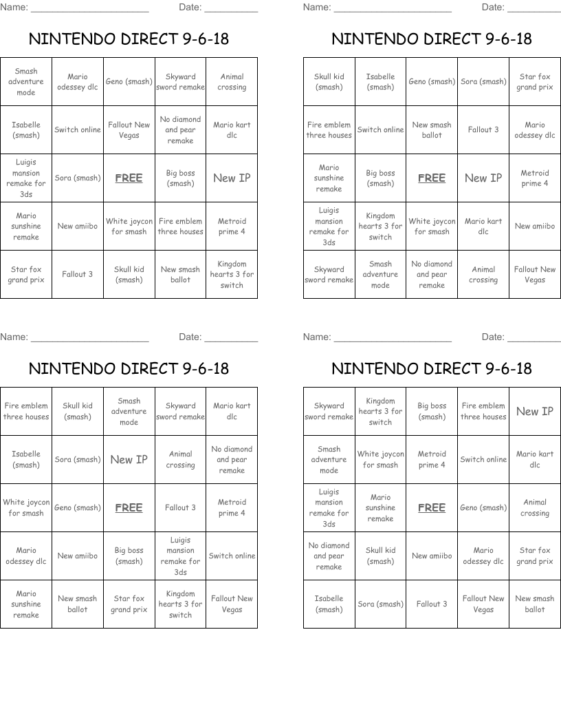 NINTENDO DIRECT 9-6-18 Bingo Cards