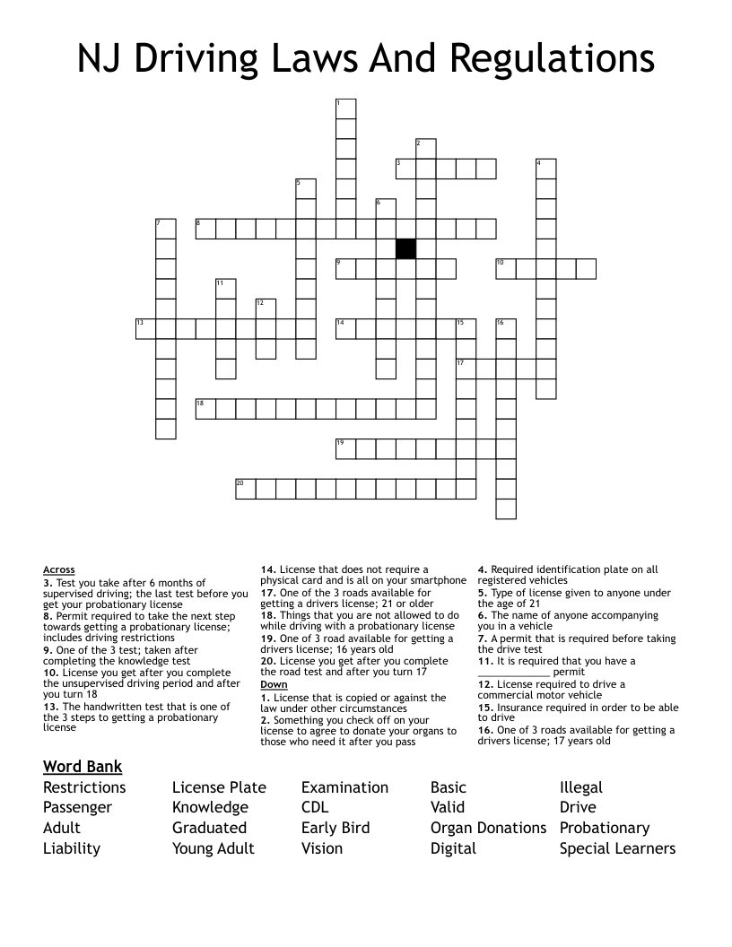 NJ Driving Laws And Regulations Crossword