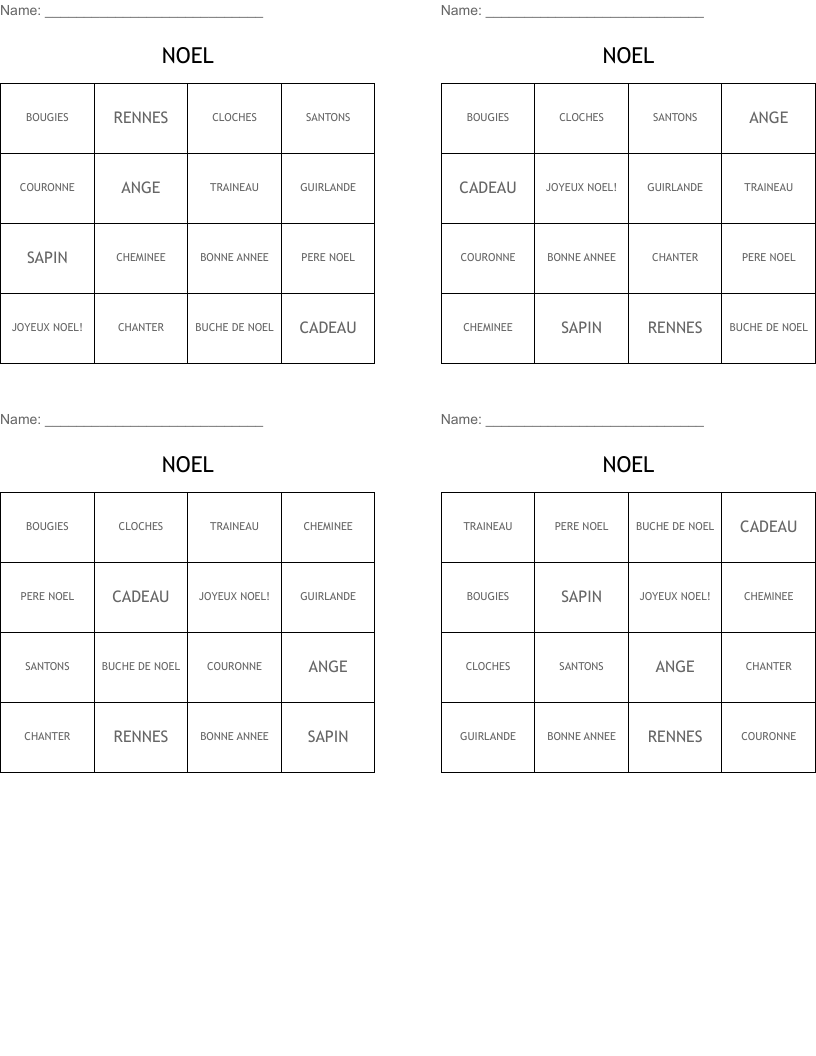 NOEL Bingo Cards