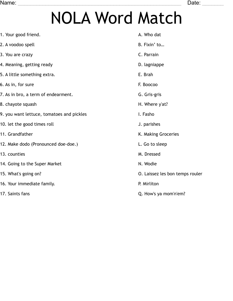 NOLA Word Match Worksheet