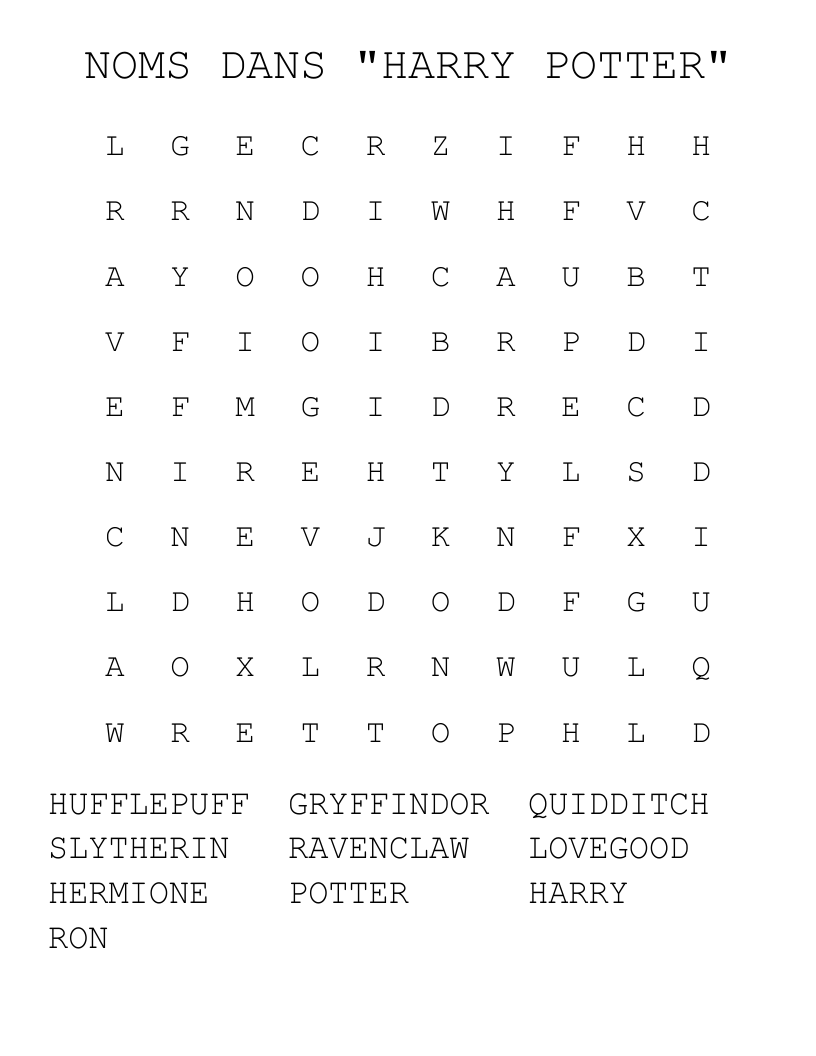 NOMS DANS "HARRY POTTER" Word Search