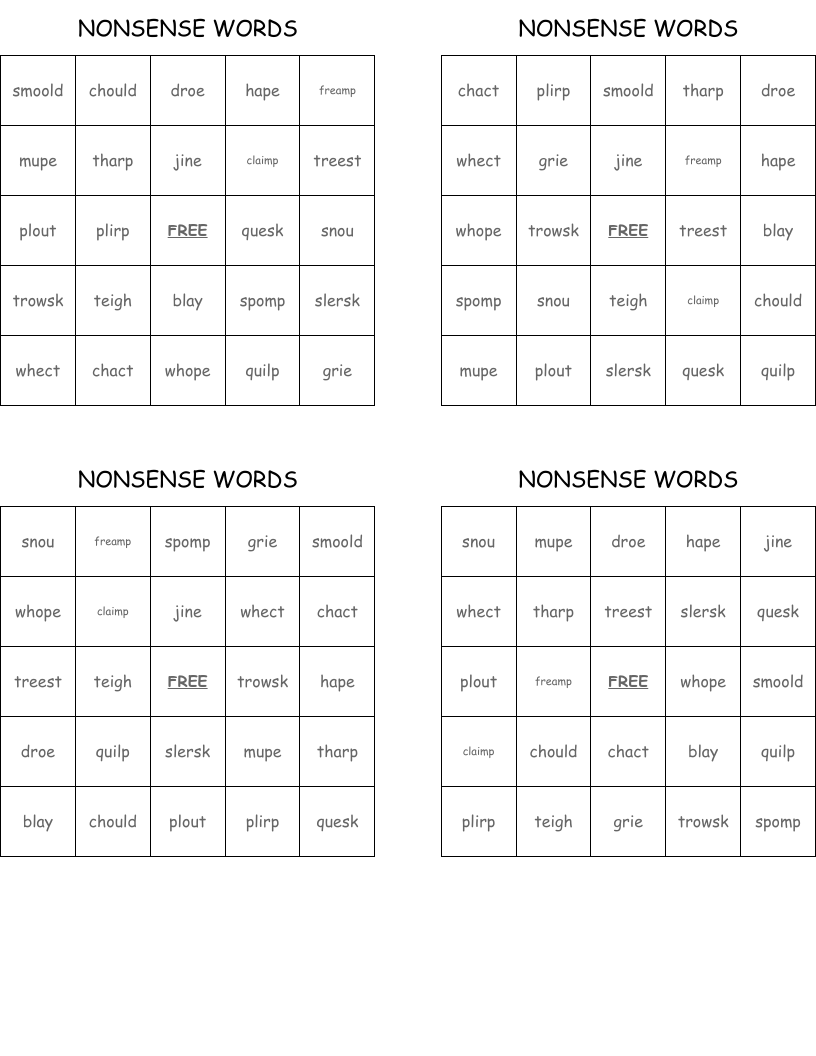 NONSENSE WORDS Bingo Cards