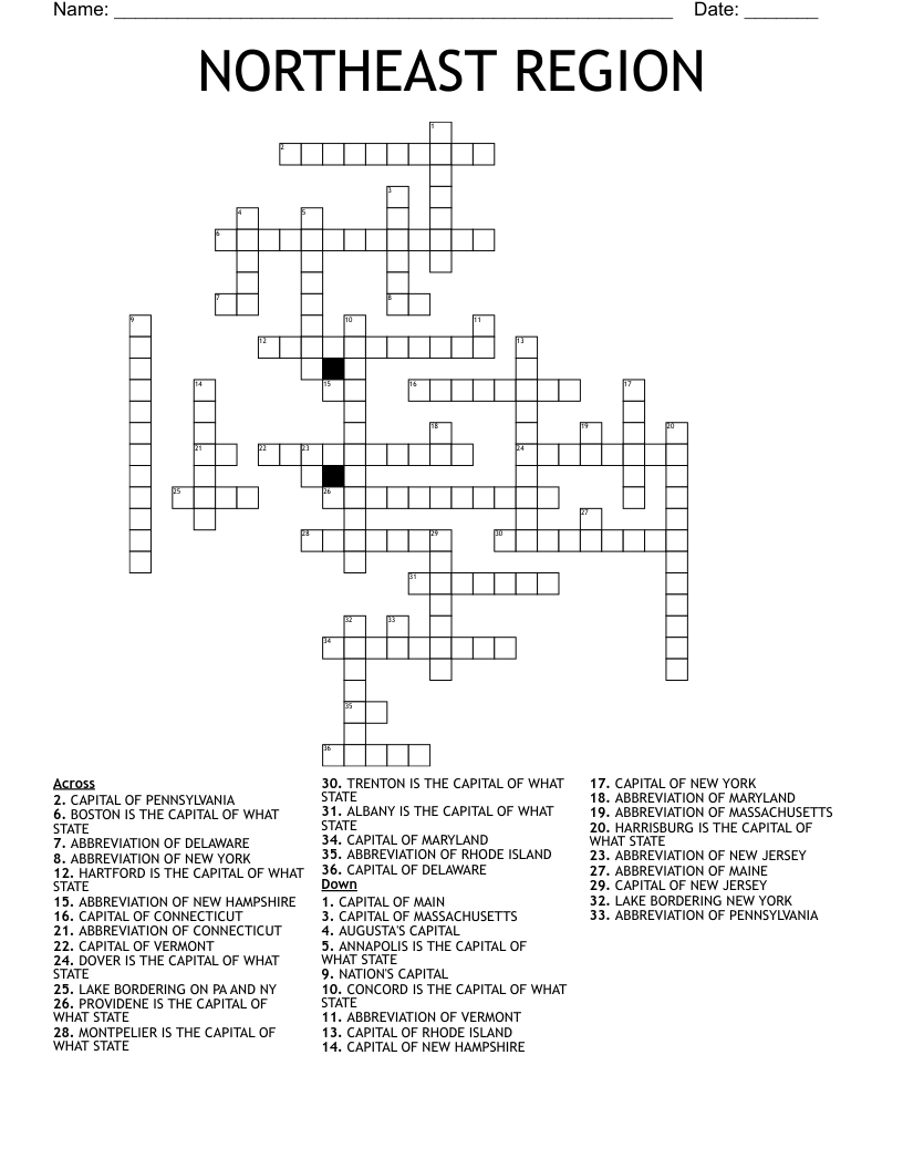 NORTHEAST REGION Crossword