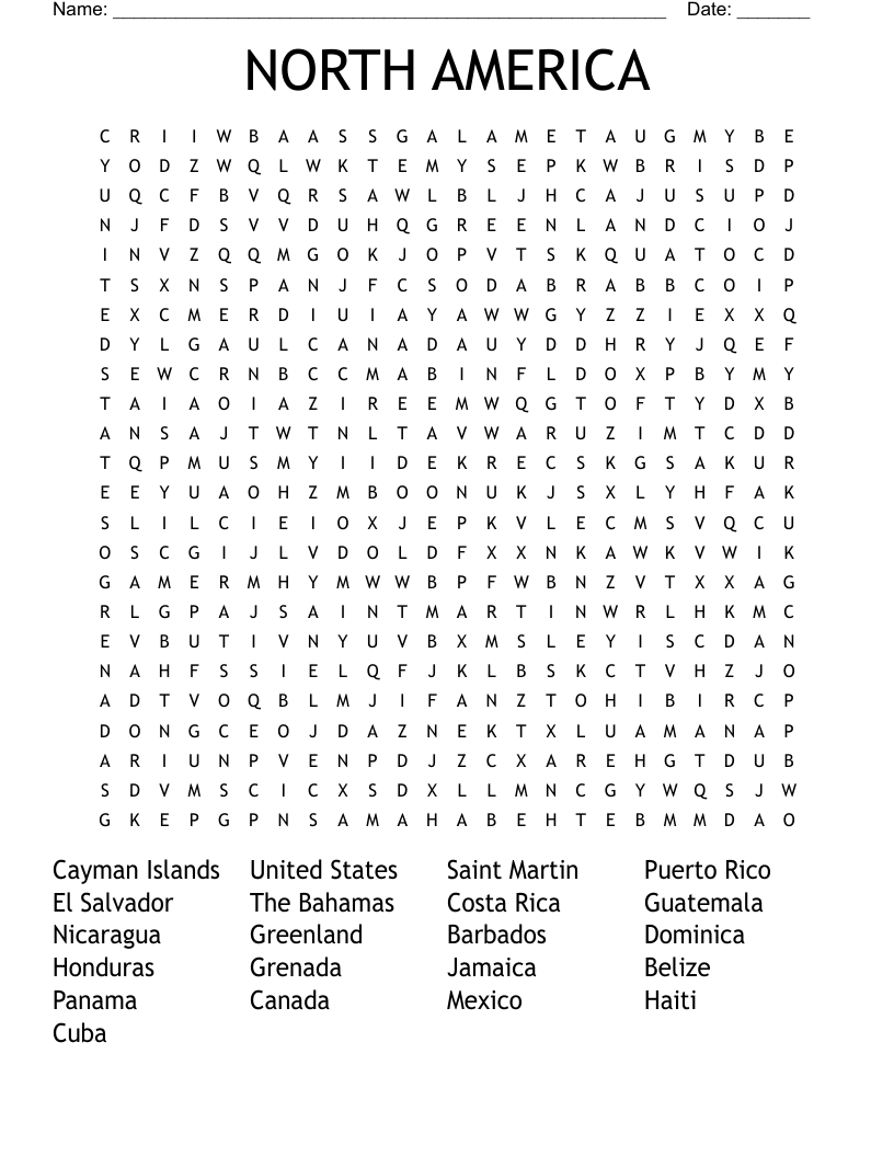 NORTH AMERICA Word Search
