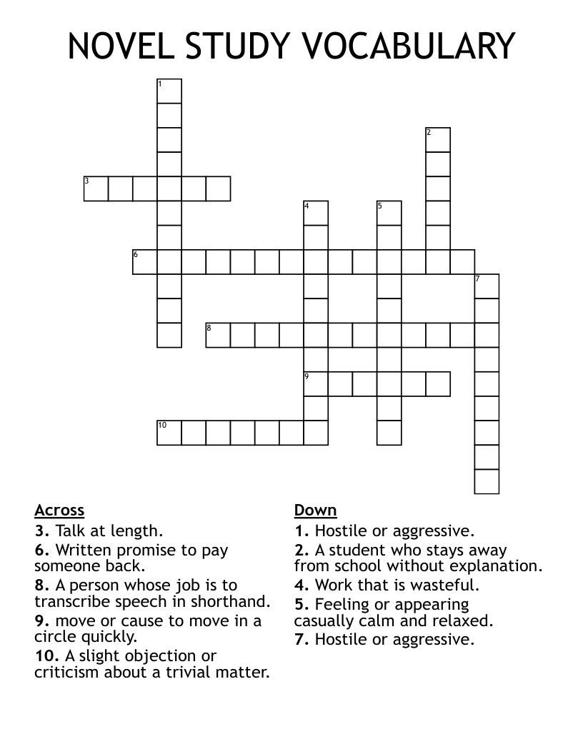 NOVEL STUDY VOCABULARY Crossword