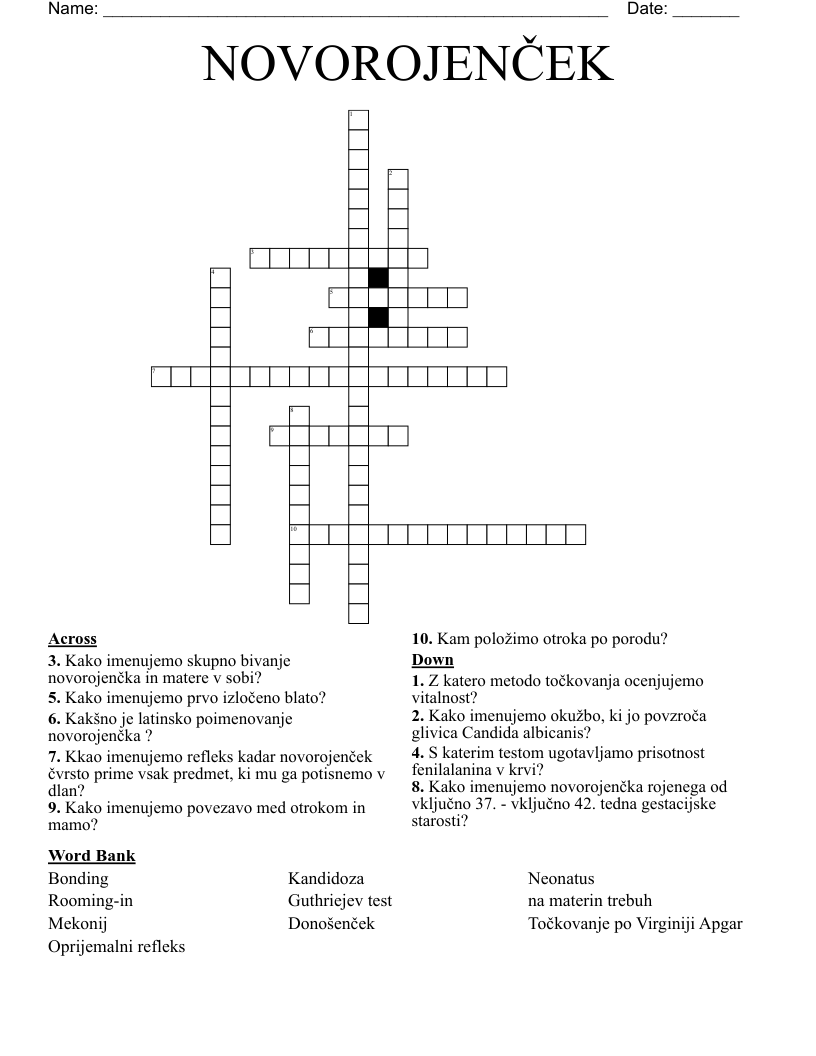 NOVOROJENČEK Crossword