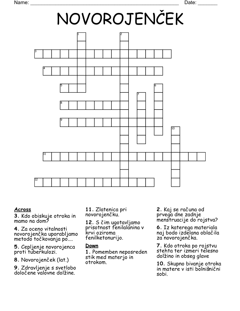 NOVOROJENČEK Crossword