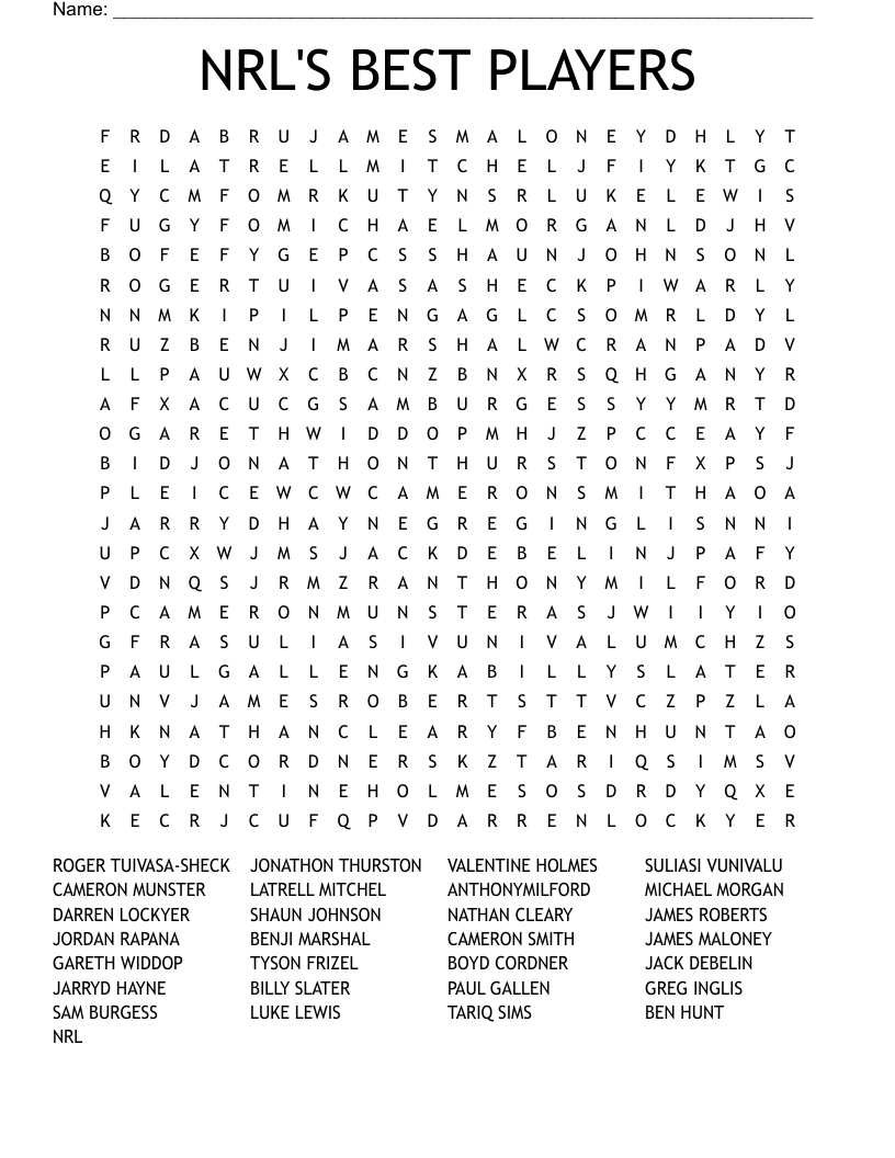 NRL'S BEST PLAYERS Word Search