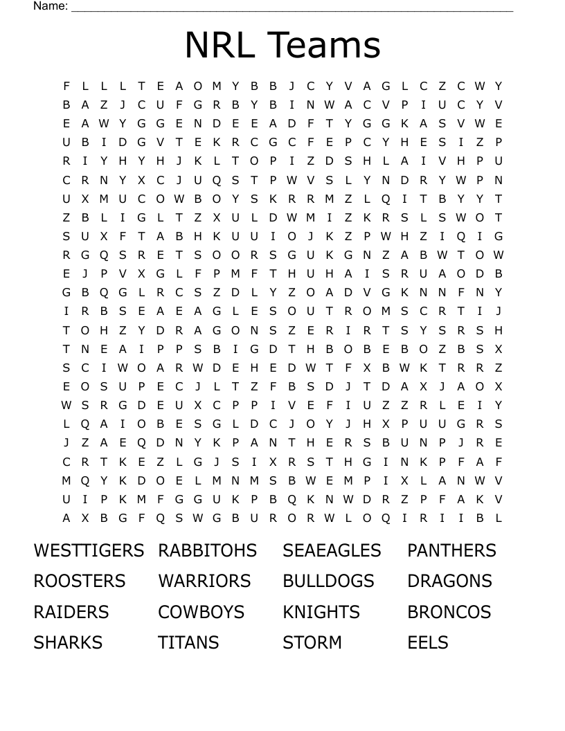 NRL Teams Word Search
