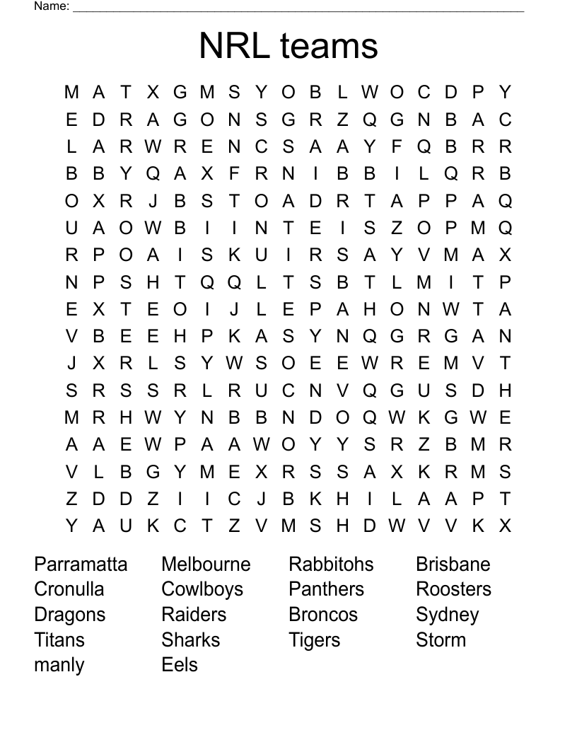 NRL teams Word Search