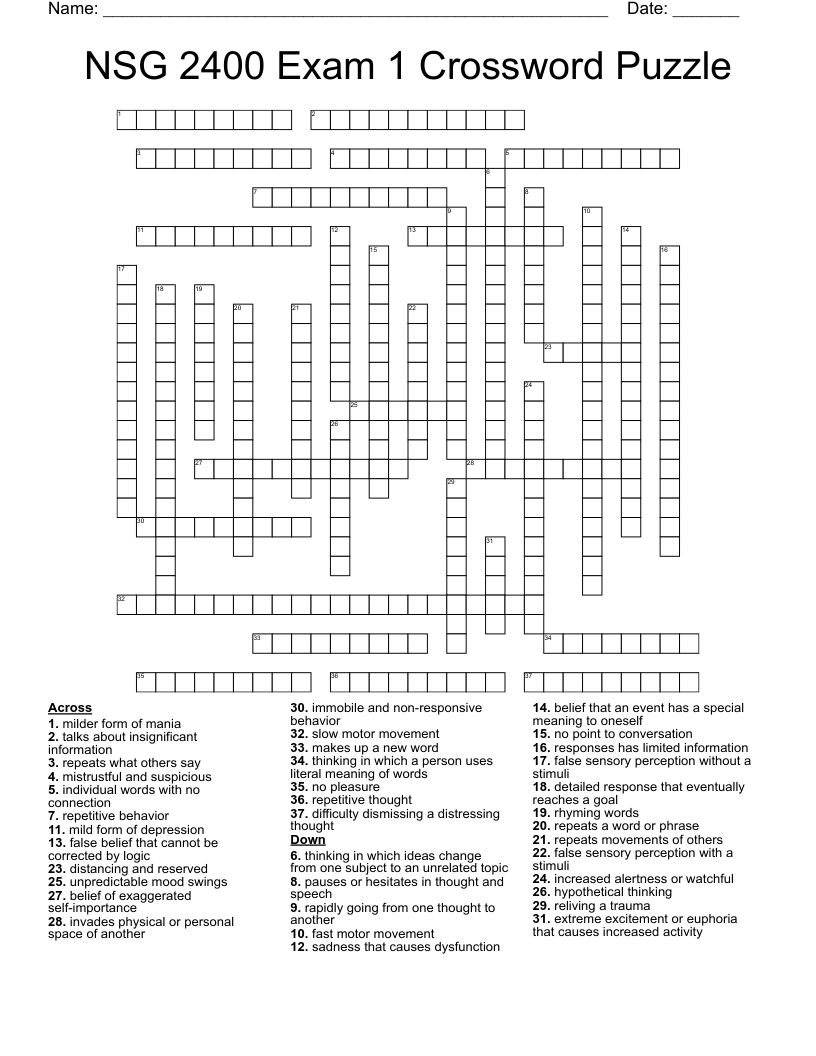 NSG 2400 Exam 1 Crossword Puzzle