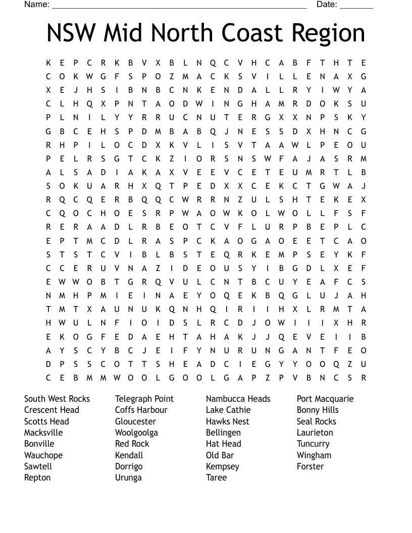NSW Mid North Coast Region  Word Search