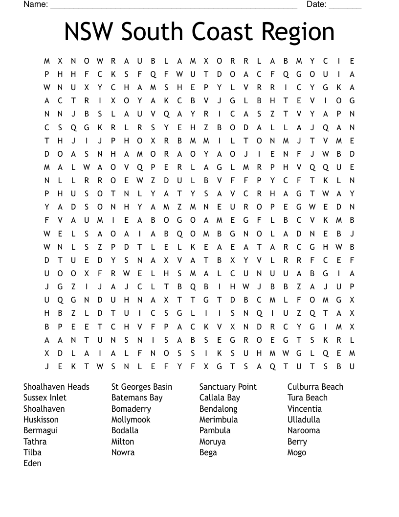 NSW South Coast Region  Word Search