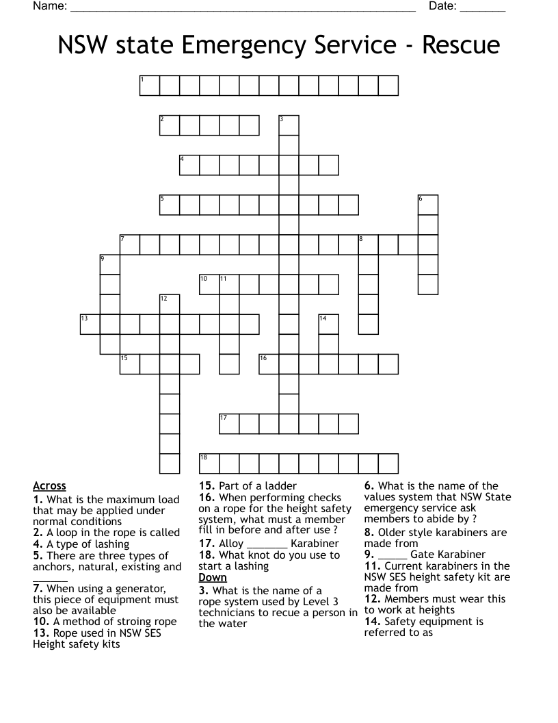 NSW state Emergency Service - Rescue Crossword