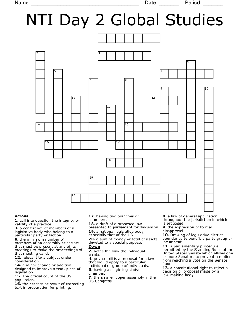 NTI Day 2 Global Studies Crossword