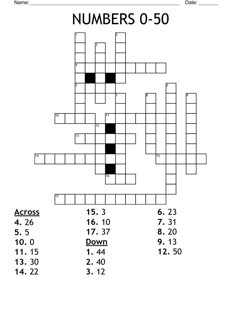 NUMBERS 0-50 Crossword