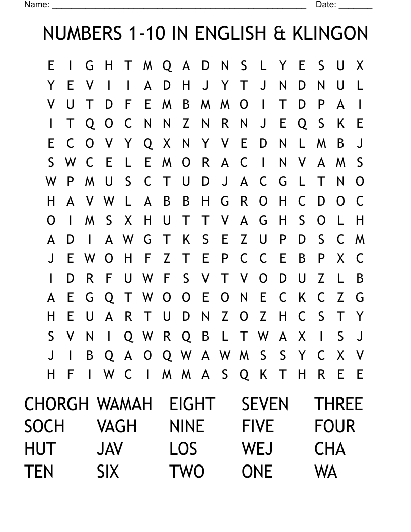 NUMBERS 1-10 IN ENGLISH & KLINGON Word Search