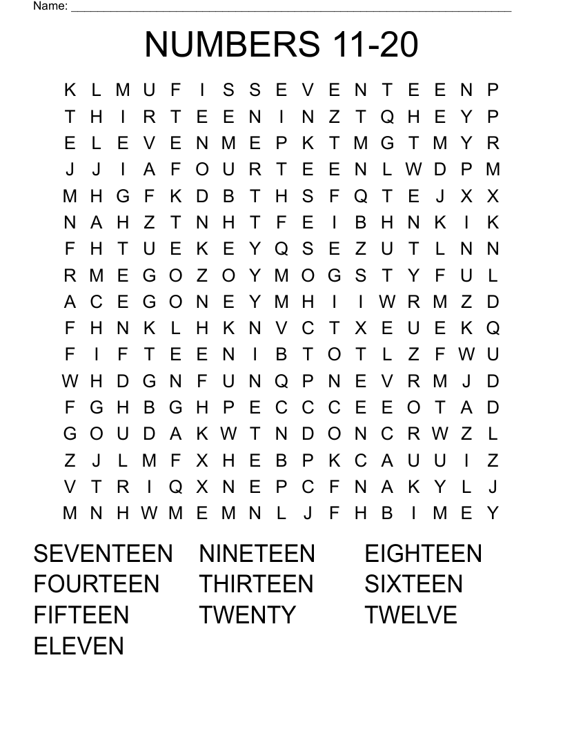 NUMBERS 11-20 Word Search