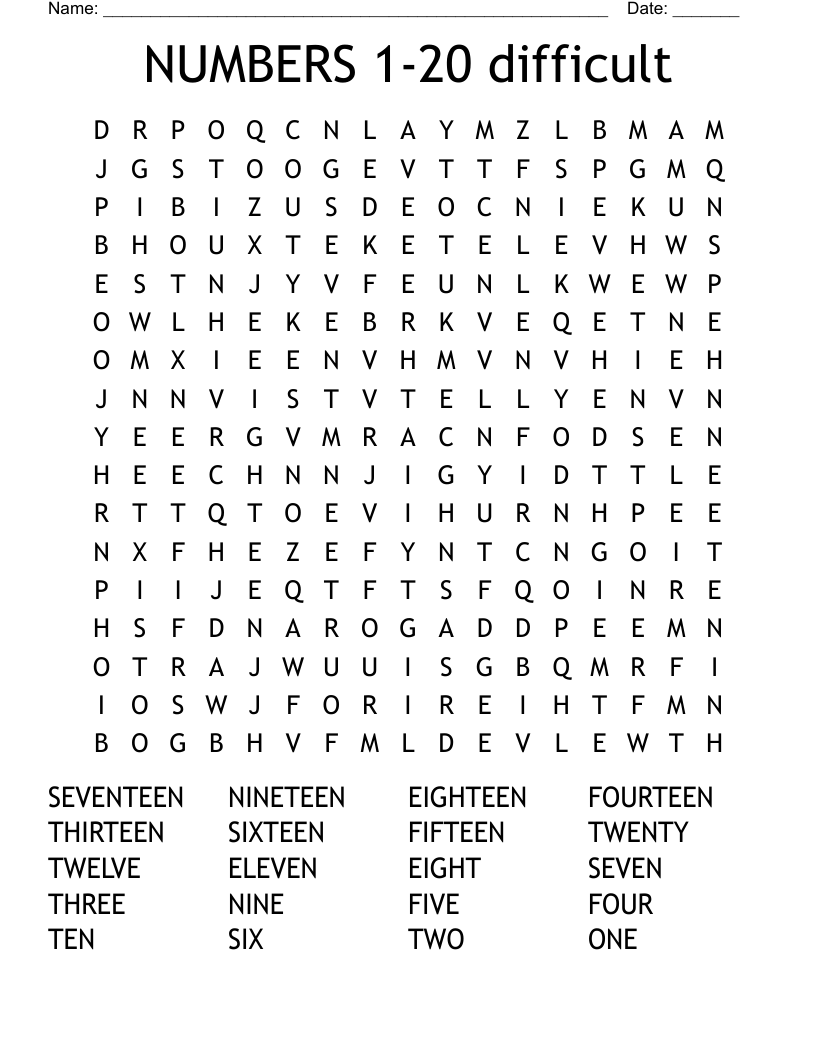 NUMBERS 1-20 difficult Word Search