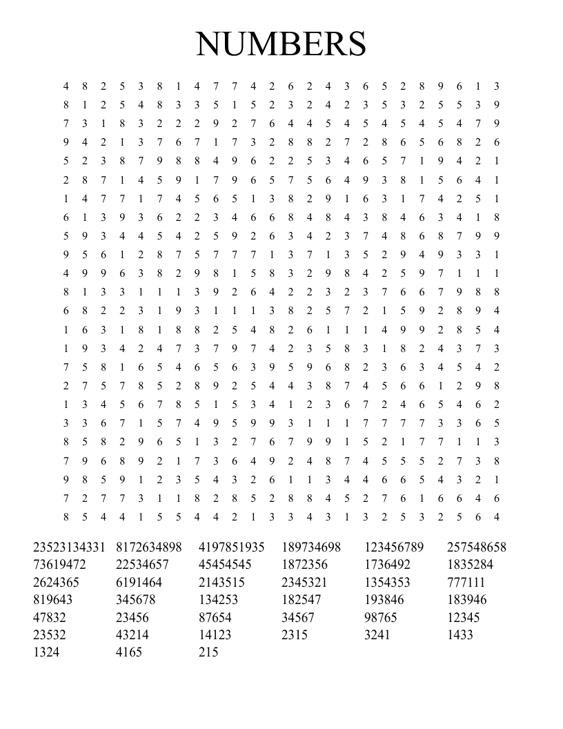 NUMBERS Word Search