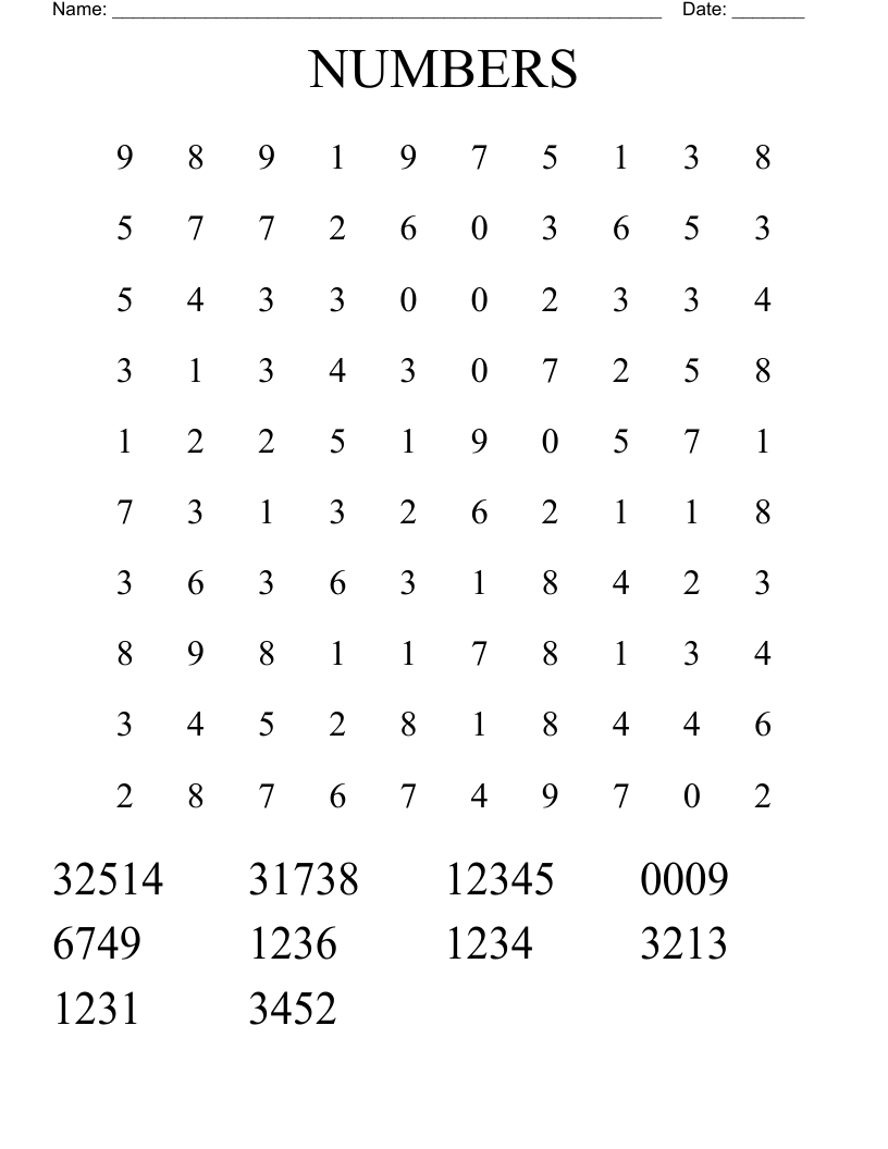 NUMBERS Word Search