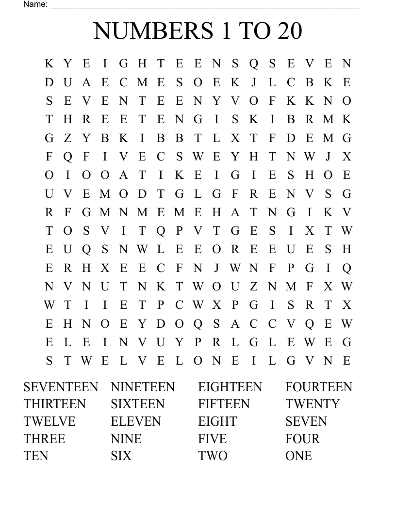 NUMBERS 1 TO 20 Word Search