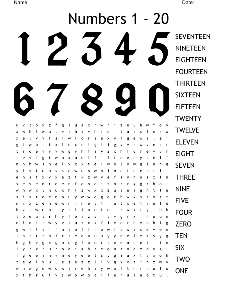 Numbers 1 - 20 Word Search