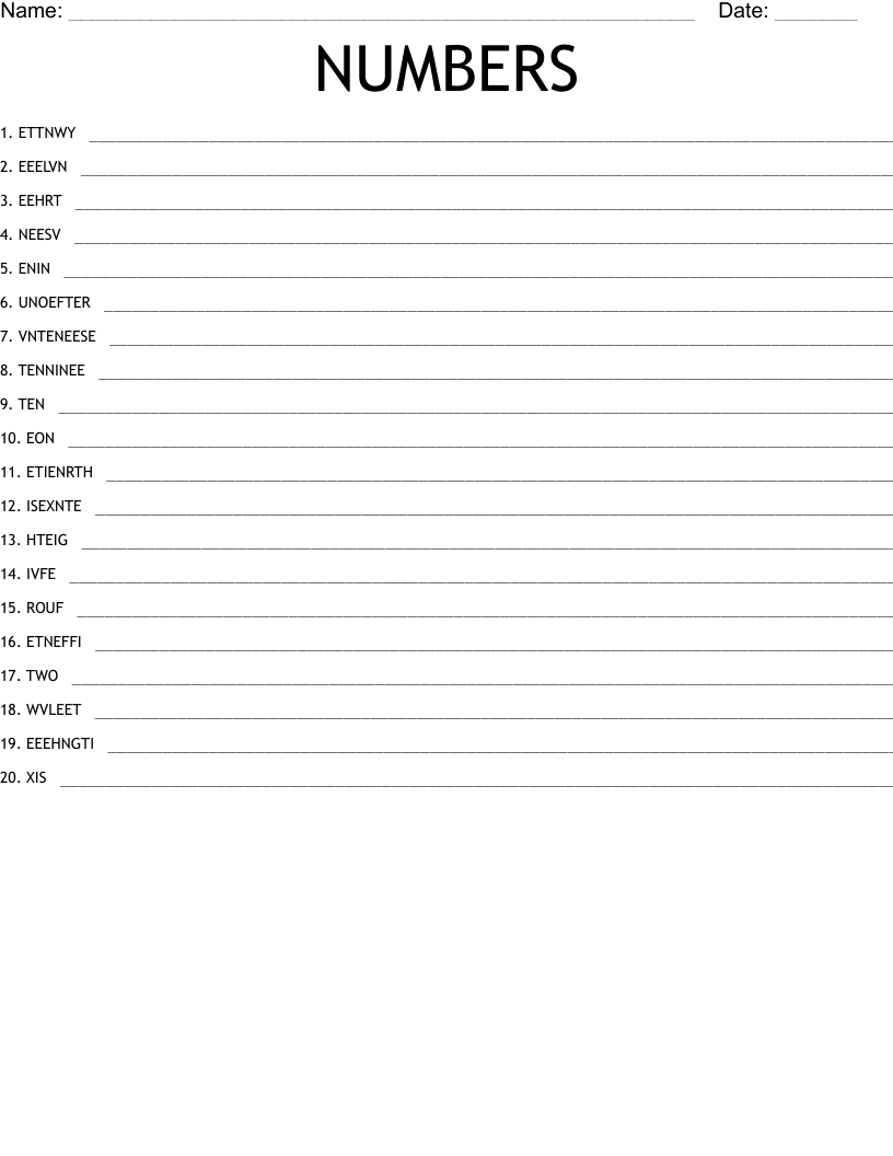 NUMBERS Word Scramble