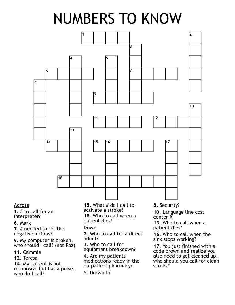 NUMBERS TO KNOW Crossword