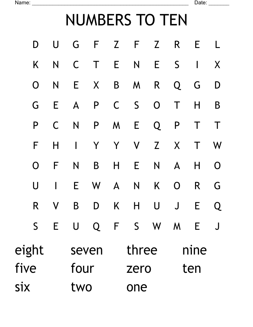 NUMBERS TO TEN Word Search