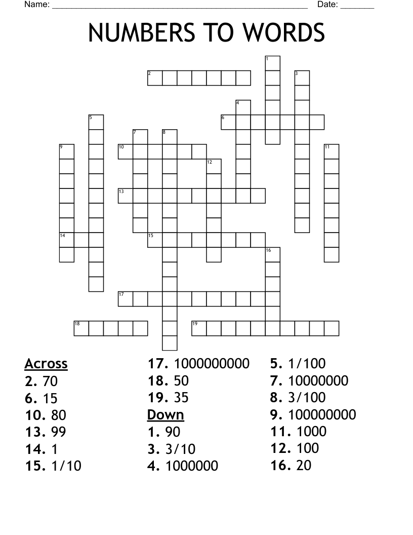 NUMBERS TO WORDS Crossword